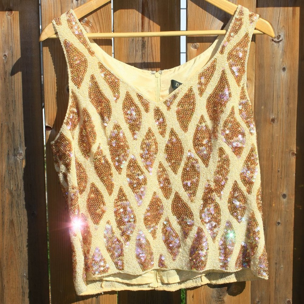 Danier Sleeveless Silk Sequined Top Leather Shell Top Women's Large